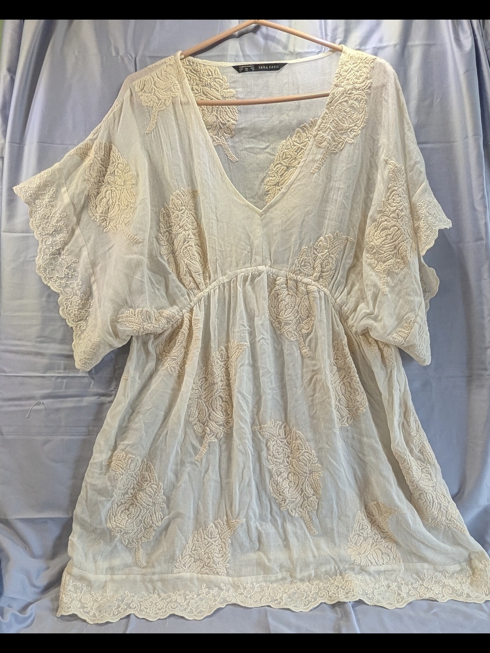 Zara Basic Boho Embroidered V-Neck Women’s Tunic Dress Cream w/Embroidered XL